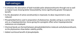 • It enhances the absorption of lipid insoluble polar phytoconstituents through oral as well
as topical route showing better bioavailability, hence significantly greater therapeutic
benefit.
• As the absorption of active constituent(s) is improved, its dose requirement is also
reduced.
• Phosphatidylcholine used in preparation of phytosomes, besides acting as a carrier also
acts as a hepatoprotective, hence giving the synergistic effect when hepatoprotective
substances are employed.
• Chemical bonds are formed between phosphatidylcholine molecule and phytoconstituent,
so the phytosomes show better stability profile.
• Added nutritional benefit of phospholipids.
Advantages
 