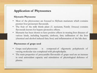 Application of Phytosomes
• Most of the phytosomes are focused to Silybum marianum which contains
premier liver-protectant flavonoids.
• The fruit of the milk thistle plant (S. marianum, Family Steraceae) contains
flavonoids known for hepato-protective effects.
• Silymarin has been shown to have positive effects in treating liver diseases of
various kinds, including hepatitis, cirrhosis, fatty infiltration of the liver
(chemical and alcohol induced fatty liver) and inflammation of the bile duct.
Silymarin Phytosome
Phytosomes of grape seed
• Grape seed phytosome is composed of oligomeric polyphenols of
varying molecular size complexed with phospholipids.
• The main properties of procyanidin flavonoids of grape seed are an increase
in total antioxidant capacity and stimulation of physiological defenses of
plasma.
 