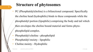 Structure of phytosomes
• PC (Phosphatidylcholine) is a bifunctional compound. Specifically
the choline head (hydrophilic) binds to these compounds while the
phosphatidyl portion (lipophilic) comprising the body and tail which
then envelopes the choline bound material and forms phyto-
phospholipid complex.
• Phosphatidyl-choline - phospholipid
• Phosphatidyl moiety - lipophilic
• Choline moiety - Hydrophilic
27-05-2020Phytosomes prepared by pratik sonar MPH10
5
 