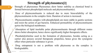 Strength of phytosomes[2]
• Strength of phytosomes Phytosomes show better stability as chemical bond is
formed between phospholipid molecule and phytoconstituent(s).
• Dose of phytoconstituents is reduced due to more bioavailability of the
phytoconstituents in the complex form. Duration of action is increased.
• Phytoconstituents complex with phospholipids are more stable in gastric sections
and resist the action of gut bacteria. Enhanced permeability of phytoconstituents
across the biological membranes.
• Absorption of lipid insoluble polar phytoconstituents through different routes
shows better absorption, hence shows significantly higher therapeutic effects.
• Phoshatidylcholine used in the formation of phytosomes, besides acting as a
carrier also possess several therapeutic properties, hence gives the synergistic
effect when particular substance is given.
• Drug entrapment is not a problem with phytosome as the complex is
biodegradable.
27-05-2020Phytosomes prepared by Pratik sonar MPH10
6
 