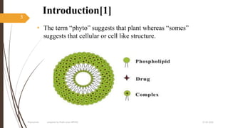 Introduction[1]
• The term “phyto” suggests that plant whereas “somes”
suggests that cellular or cell like structure.
27-05-2020Phytosomes prepared by Pratik sonar MPH10
3
 