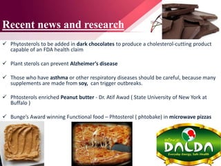 Recent news and research
 Phytosterols to be added in dark chocolates to produce a cholesterol-cutting product
capable of an FDA health claim
 Plant sterols can prevent Alzheimer’s disease
 Those who have asthma or other respiratory diseases should be careful, because many
supplements are made from soy, can trigger outbreaks.
 Phtosterols enriched Peanut butter - Dr. Atif Awad ( State University of New York at
Buffalo )
 Bunge’s Award winning Functional food – Phtosterol ( phtobake) in microwave pizzas
 