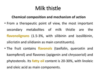 Milk thistle
Chemical composition and mechanism of action
• From a therapeutic point of view, the most important
secondary metabolites of milk thistle are the
flavonolignans (1.5-3%, with silibinin and isosilibinin,
silicristin and silidianin as main constituents).
• The fruit contains flavonols (taxifolin, quercetin and
kaempferol) and flavones (apigenin and chrysoeriol) and
phytosterols. Its fatty oil content is 20-30%, with linoleic
and oleic acid as main components.
 