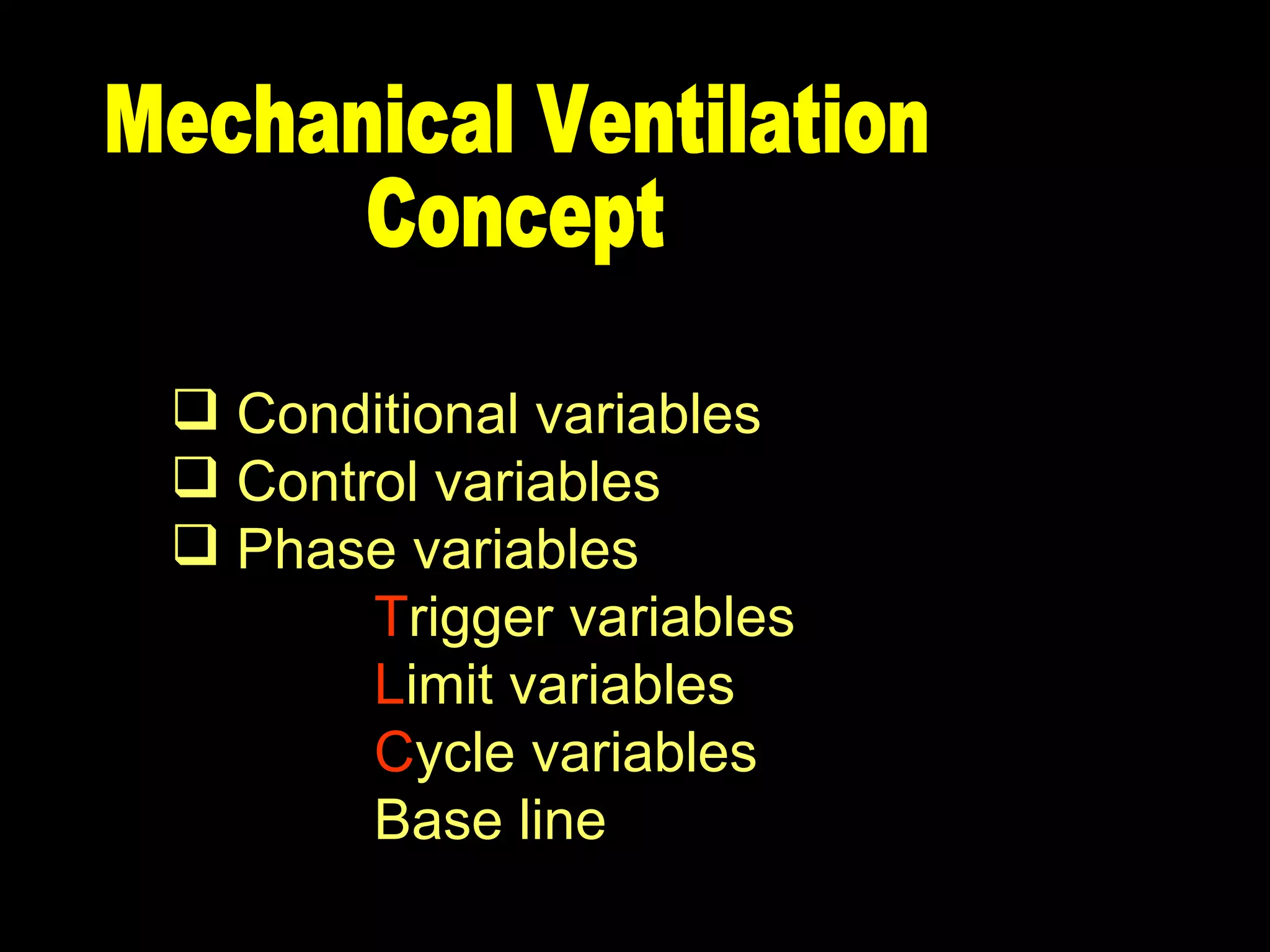 Conditional variables  Control variables  Phase variables T rigger variables  L imit variables  C ycle variables Base line  Mechanical Ventilation  Concept 