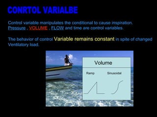 Control variable manipulates the conditional to cause inspiration. Pressure  ,  VOLUME  ,  FLOW  and time are control variables. The behavior of control  Variable remains constant  in spite of changed  Ventilatory load.  CONRTOL VARIALBE Volume  Ramp  Sinusoidal 
