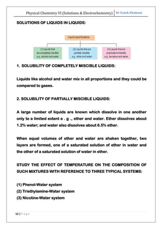 Physical Chemistry VI (Solutions & Electrochemistry) Dr Fateh Eltaboni
12 | P a g e
SOLUTIONS OF LIQUIDS IN LIQUIDS:
1. SOLUBILITY OF COMPLETELY MISCIBLE LIQUIDS:
Liquids like alcohol and water mix in all proportions and they could be
compared to gases.
2. SOLUBILITY OF PARTIALLY MISCIBLE LIQUIDS:
A large number of liquids are known which dissolve in one another
only to a limited extent e . g ., ether and water. Ether dissolves about
1.2% water; and water also dissolves about 6.5% ether.
When equal volumes of ether and water are shaken together, two
layers are formed, one of a saturated solution of ether in water and
the other of a saturated solution of water in ether.
STUDY THE EFFECT OF TEMPERATURE ON THE COMPOSITION OF
SUCH MIXTURES WITH REFERENCE TO THREE TYPICAL SYSTEMS:
(1) Phenol-Water system
(2) Triethylamine-Water system
(3) Nicotine-Water system
 