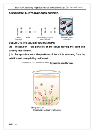 Physical Chemistry VI (Solutions & Electrochemistry) Dr Fateh Eltaboni
19 | P a g e
DISSOLUTION DUE TO HYDROGEN BONDING:
SOLUBILITY–ITS EQUILIBRIUM CONCEPT:
(1) Dissolution – the particles of the solute leaving the solid and
passing into solution.
( 2) Recrystallisation – the particles of the solute returning from the
solution and precipitating on the solid.
(dynamic equilibrium)
 