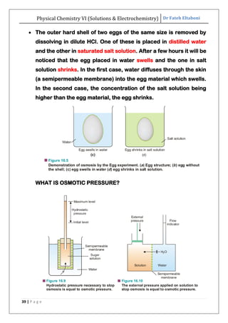 Physical Chemistry VI (Solutions & Electrochemistry) Dr Fateh Eltaboni
39 | P a g e
 The outer hard shell of two eggs of the same size is removed by
dissolving in dilute HCl. One of these is placed in distilled water
and the other in saturated salt solution. After a few hours it will be
noticed that the egg placed in water swells and the one in salt
solution shrinks. In the first case, water diffuses through the skin
(a semipermeable membrane) into the egg material which swells.
In the second case, the concentration of the salt solution being
higher than the egg material, the egg shrinks.
WHAT IS OSMOTIC PRESSURE?
 