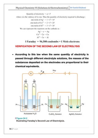 Physical Chemistry VI (Solutions & Electrochemistry) Dr Fateh Eltaboni
56 | P a g e
VERIFICATION OF THE SECOND LAW OF ELECTROLYSIS
 According to this law when the same quantity of electricity is
passed through different electrolyte solutions, the masses of the
substances deposited on the electrodes are proportional to their
chemical equivalents.
 
