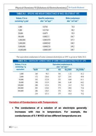 Physical Chemistry VI (Solutions & Electrochemistry) Dr Fateh Eltaboni
65 | P a g e
Variation of Conductance with Temperature:
 The conductance of a solution of an electrolyte generally
increases with rise in temperature. For example, the
conductances of 0.1 M KCl at two different temperatures are
 