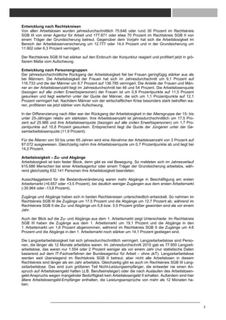 Entwicklung nach Rechtskreisen
Von allen Arbeitslosen wurden jahresdurchschnittlich 75.646 oder rund 30 Prozent im Rechtskreis
SGB III von einer Agentur für Arbeit und 177.871 oder etwa 70 Prozent im Rechtskreis SGB II von
einem Träger der Grundsicherung betreut. Gegenüber dem Vorjahr hat sich die Arbeitslosigkeit im
Bereich der Arbeitslosenversicherung um 12.777 oder 14,4 Prozent und in der Grundsicherung um
11.902 oder 6,3 Prozent verringert.

Der Rechtskreis SGB III hat stärker auf den Einbruch der Konjunktur reagiert und profitiert jetzt in grö-
ßerem Maße vom Aufschwung.

Entwicklung nach Personengruppen
Der jahresdurchschnittliche Rückgang der Arbeitslosigkeit fiel bei Frauen geringfügig stärker aus als
bei Männern. Die Arbeitslosigkeit der Frauen hat sich im Jahresdurchschnitt um 9,1 Prozent auf
116.733 und die der Männer um 8,7 Prozent auf 136.785 verringert. Die Anteile der Frauen und Män-
ner an der Arbeitslosenzahl liegt im Jahresdurchschnitt bei 46 und 54 Prozent. Die Arbeitslosenquote
(bezogen auf alle zivilen Erwerbspersonen) der Frauen ist um 0,9 Prozentpunkte auf 11,5 Prozent
gesunken und liegt weiterhin unter der Quote der Männer, die sich um 1,1 Prozentpunkte auf 12,1
Prozent verringert hat. Nachdem Männer von der wirtschaftlichen Krise besonders stark betroffen wa-
ren, profitieren sie jetzt stärker vom Aufschwung.

In der Differenzierung nach Alter war der Rückgang der Arbeitslosigkeit in der Altersgruppe der 15- bis
unter 25-Jährigen relativ am stärksten. Ihre Arbeitslosenzahl ist jahresdurchschnittlich um 17,5 Pro-
zent auf 25.986 und ihre Arbeitslosenquote (bezogen auf alle zivilen Erwerbspersonen) um 1,7 Pro-
zentpunkte auf 10,8 Prozent gesunken. Entsprechend liegt die Quote der Jüngeren unter der Ge-
samtarbeitslosenquote (11,9 Prozent).

Für die Älteren von 50 bis unter 65 Jahren wird eine Abnahme der Arbeitslosenzahl von 3 Prozent auf
87.072 ausgewiesen. Gleichzeitig nahm ihre Arbeitslosenquote um 0,7 Prozentpunkte ab und liegt bei
14,2 Prozent.

Arbeitslosigkeit – Zu- und Abgänge
Arbeitslosigkeit ist kein fester Block, denn gibt es viel Bewegung. So meldeten sich im Jahresverlauf
615.686 Menschen bei einer Arbeitsagentur oder einem Träger der Grundsicherung arbeitslos, wäh-
rend gleichzeitig 632.141 Personen ihre Arbeitslosigkeit beendeten.

Ausschlaggebend für die Bestandsveränderung waren mehr Abgänge in Beschäftigung am ersten
Arbeitsmarkt (+6.657 oder +3,5 Prozent), bei deutlich weniger Zugängen aus dem ersten Arbeitsmarkt
(-30.964 oder -13,8 Prozent).

Zugänge und Abgänge haben sich in beiden Rechtskreisen unterschiedlich entwickelt. So nahmen im
Rechtskreis SGB III die Zugänge um 17,5 Prozent und die Abgänge um 12,7 Prozent ab, während im
Rechtskreis SGB II die Zu- und Abgänge um 5,8 bzw. 5,5 Prozent größer geworden sind als vor einem
Jahr.

Auch der Blick auf die Zu- und Abgänge aus dem 1. Arbeitsmarkt zeigt Unterschiede: Im Rechtskreis
SGB III haben die Zugänge aus dem 1. Arbeitsmarkt um 19,1 Prozent und die Abgänge in den
1. Arbeitsmarkt um 1,6 Prozent abgenommen, während im Rechtskreis SGB II die Zugänge um 4,6
Prozent und die Abgänge in den 1. Arbeitsmarkt noch stärker um 14,1 Prozent gestiegen sind.

Die Langzeitarbeitslosigkeit hat sich jahresdurchschnittlich verringert. Langzeitarbeitslose sind Perso-
nen, die länger als 12 Monate arbeitslos waren. Im Jahresdurchschnitt 2010 gab es 77.950 Langzeit-
arbeitslose, das waren nur 1.554 oder 2 Prozent weniger als vor einem Jahr (nur statistische Daten
basierend auf dem IT-Fachverfahren der Bundesagentur für Arbeit – ohne zkT). Langzeitarbeitslose
werden weit überwiegend im Rechtskreis SGB II betreut, aber nicht alle Arbeitslosen in diesem
Rechtskreis sind länger als ein Jahr arbeitslos. Gleichzeitig gibt es auch im Rechtskreis SGB III Lang-
zeitarbeitslose. Das sind zum größeren Teil Nicht-Leistungsempfänger, die entweder nie einen An-
spruch auf Arbeitslosengeld hatten (z.B. Berufseinsteiger) oder die nach Auslaufen des Arbeitslosen-
geld-Anspruchs wegen mangelnder Bedürftigkeit kein Arbeitslosengeld II erhalten. Außerdem sind hier
ältere Arbeitslosengeld-Empfänger enthalten, die Leistungsansprüche von mehr als 12 Monaten ha-
ben.




                                                                                                            3
 