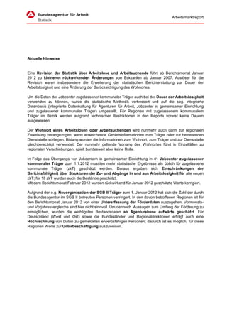 Arbeitsmarktreport




Aktuelle Hinweise


Eine Revision der Statistik über Arbeitslose und Arbeitsuchende führt ab Berichtsmonat Januar
2012 zu kleineren rückwirkenden Änderungen von Eckzahlen ab Januar 2007. Auslöser für die
Revision waren insbesondere die Erweiterung der statistischen Berichterstattung zur Dauer der
Arbeitslosigkeit und eine Änderung der Berücksichtigung des Wohnortes.

Um die Daten der Jobcenter zugelassener kommunaler Träger auch bei der Dauer der Arbeitslosigkeit
verwenden zu können, wurde die statistische Methodik verbessert und auf die sog. integrierte
Datenbasis (integrierte Datenhaltung für Agenturen für Arbeit, Jobcenter in gemeinsamer Einrichtung
und zugelassener kommunaler Träger) umgestellt. Für Regionen mit zugelassenem kommunalem
Träger im Bezirk werden aufgrund technischer Restriktionen in den Reports vorerst keine Dauern
ausgewiesen.

Der Wohnort eines Arbeitslosen oder Arbeitsuchenden wird nunmehr auch dann zur regionalen
Zuweisung herangezogen, wenn abweichende Gebietsinformationen zum Träger oder zur betreuenden
Dienststelle vorliegen. Bislang wurden die Informationen zum Wohnort, zum Träger und zur Dienststelle
gleichberechtigt verwendet. Der nunmehr geltende Vorrang des Wohnortes führt in Einzelfällen zu
regionalen Verschiebungen, spielt bundesweit aber keine Rolle.

In Folge des Übergangs von Jobcentern in gemeinsamer Einrichtung in 41 Jobcenter zugelassener
kommunaler Träger zum 1.1.2012 mussten mehr statistische Ergebnisse als üblich für zugelassene
kommunale Träger (zkT) geschätzt werden. Daraus ergaben sich Einschränkungen der
Berichtsfähigkeit über Strukturen der Zu- und Abgänge in und aus Arbeitslosigkeit für alle neuen
zkT; für 18 zkT wurden auch die Bestände geschätzt.
Mit dem Berichtsmonat Februar 2012 wurden rückwirkend für Januar 2012 geschätzte Werte korrigiert.

Aufgrund der o.g. Neuorganisation der SGB II Träger zum 1. Januar 2012 hat sich die Zahl der durch
die Bundesagentur im SGB II betreuten Personen verringert. In den davon betroffenen Regionen ist für
den Berichtsmonat Januar 2012 von einer Untererfassung der Förderdaten auszugehen, Vormonats-
und Vorjahresvergleiche sind hier nicht sinnvoll. Um dennoch Aussagen zum Umfang der Förderung zu
ermöglichen, wurden die wichtigsten Bestandsdaten ab Agenturebene aufwärts geschätzt. Für
Deutschland (West und Ost) sowie die Bundesländer und Regionaldirektionen erfolgt auch eine
Hochrechnung von Daten zu gemeldeten erwerbsfähigen Personen; dadurch ist es möglich, für diese
Regionen Werte zur Unterbeschäftigung auszuweisen.
 