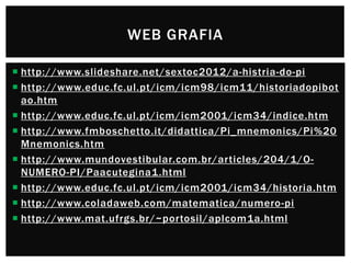 WEB GRAFIA
 http://www.slideshare.net/sextoc2012/a-histria-do-pi
 http://www.educ.fc.ul.pt/icm/icm98/icm11/historiadopibot
ao.htm
 http://www.educ.fc.ul.pt/icm/icm2001/icm34/indice.htm
 http://www.fmboschetto.it/didattica/Pi_mnemonics/Pi %20
Mnemonics.htm
 http://www.mundovestibular.com.br/articles/204/1/ONUMERO-PI/Paacutegina1.html
 http://www.educ.fc.ul.pt/icm/icm2001/icm34/historia.htm
 http://www.coladaweb.com/matematica/numero-pi
 http://www.mat.ufrgs.br/~portosil/aplcom1a.html

 