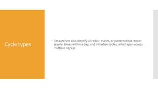 Cycle types
 Researchers also identify ultradian cycles, or patterns that repeat
several times within a day, and infradian cycles, which span across
multiple days.pi
 