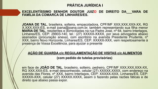 PRÁTICA JURÍDICA I
EXCELENTÍSSIMO SENHOR DOUTOR JUIZO DE DIREITO DA___VARA DE
FAMÍLIA DA COMARCA DE LINHARES/ES.
JOANA DE TAL, brasileira, solteira, empacotadora, CPF/MF XXX.XXX.XXX-XX, RG
X.XXX.XXX-ES, e-mail joana@joana.com.br, também representando sua filha menor
MARIA DE TAL, residentes e domiciliadas na rua Padre José, nº 64, bairro Interlagos,
Linhares/ES, CEP: 29903-140, tel.: (27) XXXXX-XXXX, por seus advogados abaixo
assinados (procuração anexa), com escritório na avenida Presidente Prudente, nº
XXX, bairro Novo Horizonte, Linhares/ES, CEP: XXXXX-XXX, vem respeitosamente à
presença de Vossa Excelência, para ajuizar a presente
AÇÃO DE GUARDA c/c REGULAMENTAÇÃO DE VISITAS c/c ALIMENTOS
(com pedido de tutelas provisórias)
em face de JOÃO DE TAL, brasileiro, solteiro, pedreiro, CPF/MF XXX.XXX.XXX-XX,
RG XXX.XXX-ES, e-mail desconhecido, celular (27) XXXXX.XXXX, com endereço na
avenida das Flores, nº XXX, bairro Interlagos, CEP: XXXXX-XXX, Linhares/ES, CEP:
XXXXX-XXX, celular (27) XXXXX.XXXX, assim o fazendo pelas razões fáticas e de
direito que abaixo passa expor.
 