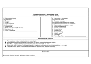 Competências digitais e Metodologias Ativas
(selecionar apenas os itens que pretende utilizar)
( ) Ferramentas Google
( x ) Aplicativos
( ) Projetor
( ) Smart TV
( ) Lousa interativa
( x ) Chromebook
( ) Smartphone
( ) Kit de produção e edição de vídeo
( ) Impressora 3D
( ) Outro. Especifique:_________________________________
( ) Seminários e discussões
( x ) Estudo de casos
( ) Pesquisa de campo
( x ) Aprendizagem baseada em projetos
( x ) Aprendizagem baseada em problemas
( ) Aprendizagem entre pares e times
( ) Rotação por estações
( ) Sala de aula invertida
( ) Ensino híbrido
( ) Gamificação
( ) Design Thinking
( ) Cultura maker
( ) Storytelling
( ) Outra. Especifique: ________________________________
Instrumentos de avaliação
● Provas e testes: Instrumentos tradicionais de avaliação;
● Avaliações formativas: Acompanham o progresso dos alunos durante o processo de ensino;
● Trabalhos e projetos: Permitem exploração mais profunda e criativa de um tema.
● Observação das Atividades: Avaliar a participação e engajamento dos alunos nas atividades práticas e em grupo.
● Cartazes Criados: Avaliar a clareza e a criatividade dos cartazes sobre os temas propostos.
Observações
Ao longo do trimestre algumas alterações podem acontecer.
 