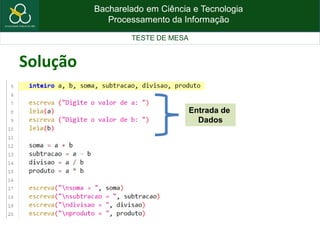 Bacharelado em Ciência e Tecnologia
Processamento da Informação
TESTE DE MESA
Solução
Entrada de
Dados
 