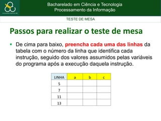 Bacharelado em Ciência e Tecnologia
Processamento da Informação
TESTE DE MESA
Passos para realizar o teste de mesa
 De cima para baixo, preencha cada uma das linhas da
tabela com o número da linha que identifica cada
instrução, seguido dos valores assumidos pelas variáveis
do programa após a execução daquela instrução.
LINHA a b c
5
7
11
13
 