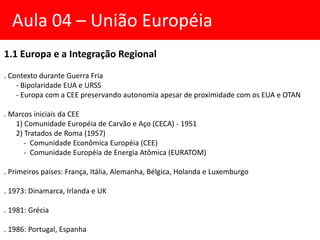 1.1 Europa e a Integração Regional
. Contexto durante Guerra Fria
- Bipolaridade EUA e URSS
- Europa com a CEE preservando...