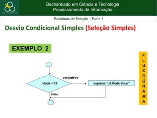 Bacharelado em Ciência e Tecnologia
Processamento da Informação
Estruturas de Seleção – Parte 1
idade > 15 Imprimir “Já Pode Votar”
verdadeiro
falso
EXEMPLO 2
Desvio Condicional Simples (Seleção Simples)
F
L
U
X
O
G
R
A
M
A
 