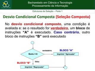 Bacharelado em Ciência e Tecnologia
Processamento da Informação
Estruturas de Seleção – Parte 1
No desvio condicional composto, uma condição é
avaliada e: se o resultado for verdadeiro, um bloco de
instruções “A” é executado. Caso contrário, outro
bloco de instruções “B” será executado
Media >=6 Imprimir “Aprovado”
verdadeiro
falso
Imprimir “Reprovado”
Desvio Condicional Composta (Seleção Composta)
BLOCO “A”
BLOCO “B”
 
