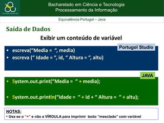Bacharelado em Ciência e Tecnologia
Processamento da Informação
Equivalência Portugol – Java
Saída de Dados
Exibir um conteúdo de variável
• escreva(“Media = “, media)
• escreva (“ Idade = “, id, “ Altura = “, altu)
• System.out.print(“Media = “ + media);
• System.out.println(“Idade = “ + id + “ Altura = “ + altu);
NOTAS:
• Usa se o “+” e não a VÍRGULA para imprimir texto “mesclado” com variável
JAVA
Portugol Studio
 