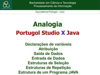 Bacharelado em Ciência e Tecnologia
Processamento da Informação
Equivalência Portugol – Java
Analogia
Portugol Studio X Java
Declarações de variáveis
Atribuição
Saída de Dados
Entrada de Dados
Estruturas de Seleção
Estruturas de Repetição
Estrutura de um Programa JAVA
 