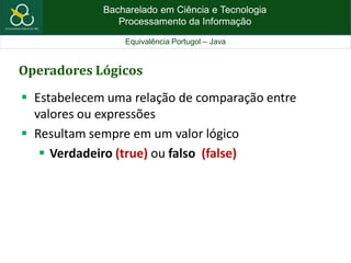 Bacharelado em Ciência e Tecnologia
Processamento da Informação
Equivalência Portugol – Java
Operadores Lógicos
 Estabelecem uma relação de comparação entre
valores ou expressões
 Resultam sempre em um valor lógico
 Verdadeiro (true) ou falso (false)
 