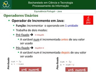 Bacharelado em Ciência e Tecnologia
Processamento da Informação
Equivalência Portugol – Java
Operadores Unários
 Operador de Incremento em Java:
 Função: Incrementar o operando em 1 unidade
 Trabalha de dois modos:
 Pré-fixado  ++num
 A variável num é incrementada antes de seu valor
ser usado
 Pós-fixado  num++
 A variável num é incrementada depois de seu valor
ser usado
num = 5;
x = ++num;
Pré-fixado
num = 5;
x = num++;
Pós-fixado
x=6 num=6 x=5 num=6
 