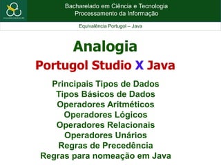 Bacharelado em Ciência e Tecnologia
Processamento da Informação
Equivalência Portugol – Java
Analogia
Portugol Studio X Java
Principais Tipos de Dados
Tipos Básicos de Dados
Operadores Aritméticos
Operadores Lógicos
Operadores Relacionais
Operadores Unários
Regras de Precedência
Regras para nomeação em Java
 