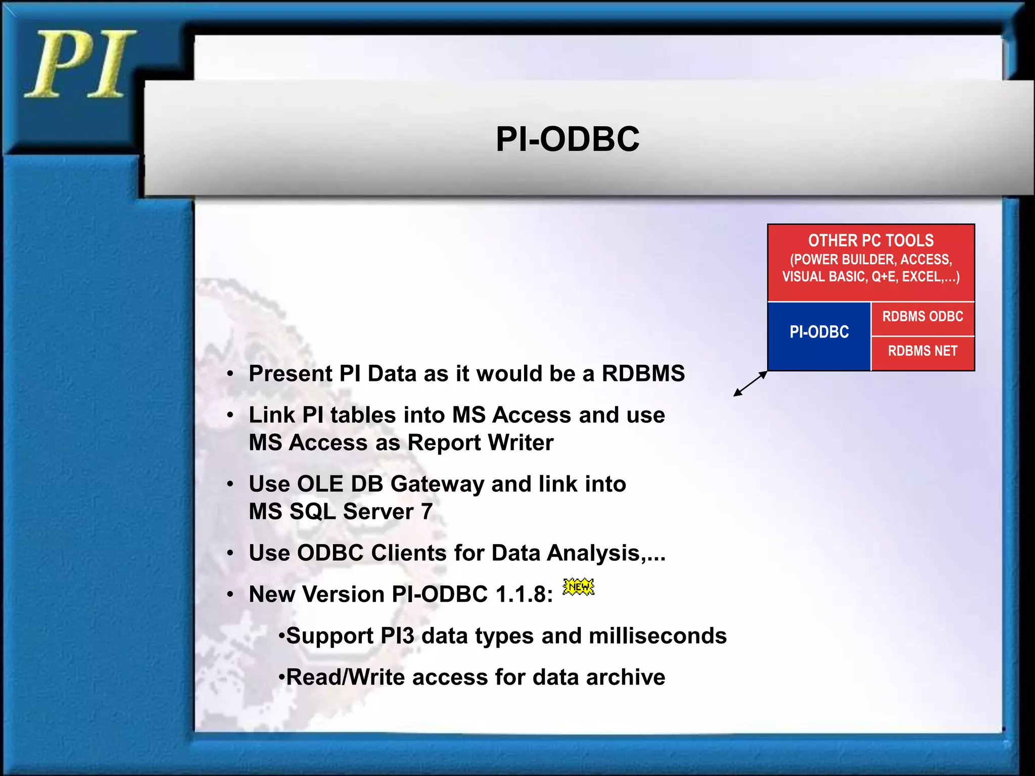 • Present PI Data as it would be a RDBMS
• Link PI tables into MS Access and use
MS Access as Report Writer
• Use OLE DB Gateway and link into
MS SQL Server 7
• Use ODBC Clients for Data Analysis,...
• New Version PI-ODBC 1.1.8:
•Support PI3 data types and milliseconds
•Read/Write access for data archive
PI-ODBC
PI-ODBC
OTHER PC TOOLS
(POWER BUILDER, ACCESS,
VISUAL BASIC, Q+E, EXCEL,…)
RDBMS ODBC
RDBMS NET
 