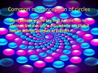 Common misconception of circles
Most people would say that a circle has no
corners, but it is more accurate to say that it
has an infinite number of corners.
 