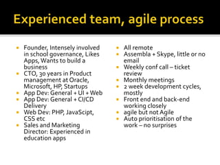  Founder, Intensely involved
in school governance, Likes
Apps,Wants to build a
business
 CTO, 30 years in Product
management at Oracle,
Microsoft, HP, Startups
 App Dev: General + UI +Web
 App Dev: General + CI/CD
Delivery
 Web Dev: PHP, JavaScipt,
CSS etc
 Sales and Marketing
Director: Experienced in
education apps
 All remote
 Assembla + Skype, little or no
email
 Weekly conf call – ticket
review
 Monthly meetings
 2 week development cycles,
mostly
 Front end and back-end
working closely
 agile but not Agile
 Auto prioritisation of the
work – no surprises
 