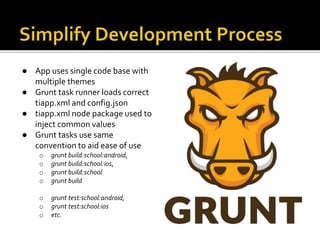 ● App uses single code base with
multiple themes
● Grunt task runner loads correct
tiapp.xml and config.json
● tiapp.xml node package used to
inject common values
● Grunt tasks use same
convention to aid ease of use
o grunt build:school:android,
o grunt build:school:ios,
o grunt build:school
o grunt build
o grunt test:school:android,
o grunt test:school:ios
o etc.
 