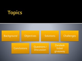 Background Objectives Solutions Challenges
Conclusions
Questions /
Discussion
Zendesk
ticket
giveaway
 