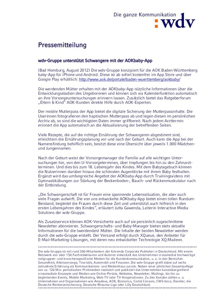 Pi Wdv Gruppe Entwickelt Aokbaby App August 2012 Pdf