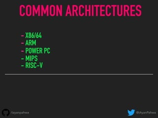 COMMON ARCHITECTURES
@iAyanPahwa/iayanpahwa
- X86/64
- ARM
- POWER PC
- MIPS
- RISC-V
 