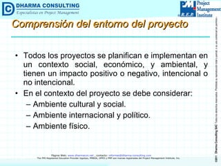 Comprensión del entorno del proyecto Todos los proyectos se planifican e implementan en un contexto social, económico, y ambiental, y tienen un impacto positivo o negativo, intencional o no intencional. En el contexto del proyecto se debe considerar: Ambiente cultural y social. Ambiente internacional y político. Ambiente físico. 