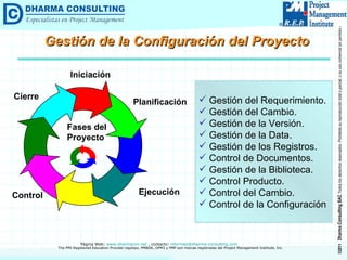 Gestión de la Configuración del Proyecto Fases del  Proyecto Cierre Iniciación Planificación Ejecución Control Gestión del Requerimiento. Gestión del Cambio. Gestión de la Versión. Gestión de la Data. Gestión de los Registros. Control de Documentos. Gestión de la Biblioteca. Control Producto. Control del Cambio. Control de la Configuración 