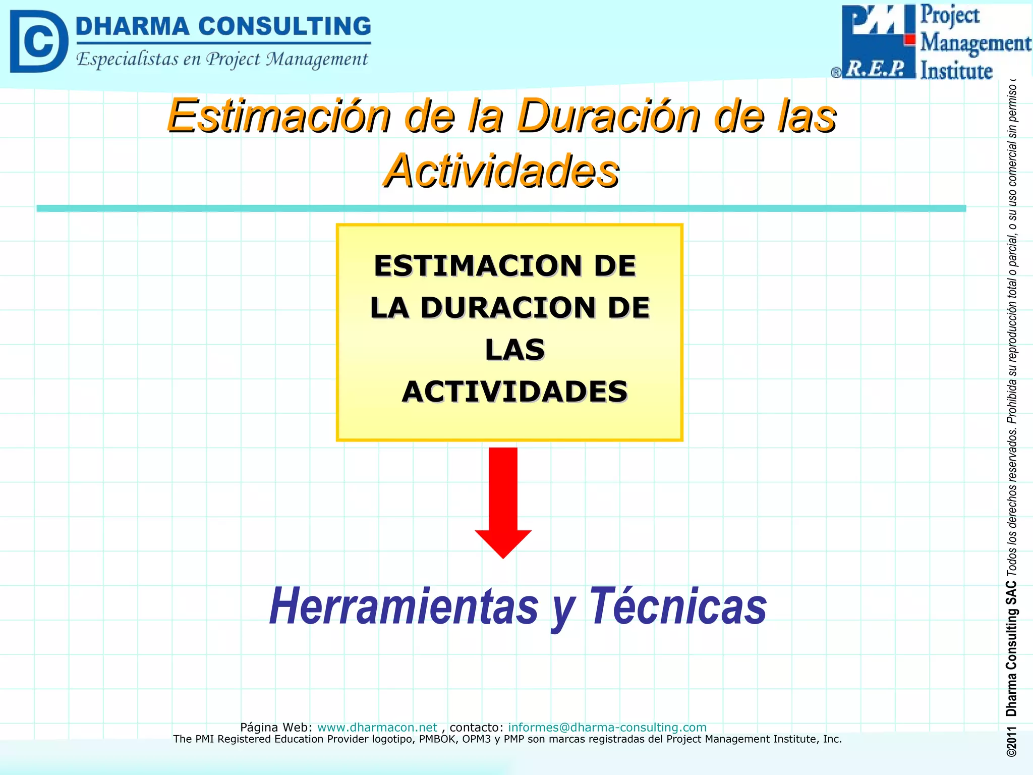 Herramientas y Técnicas  ESTIMACION DE  LA DURACION DE LAS ACTIVIDADES Estimación de la Duración de las Actividades 