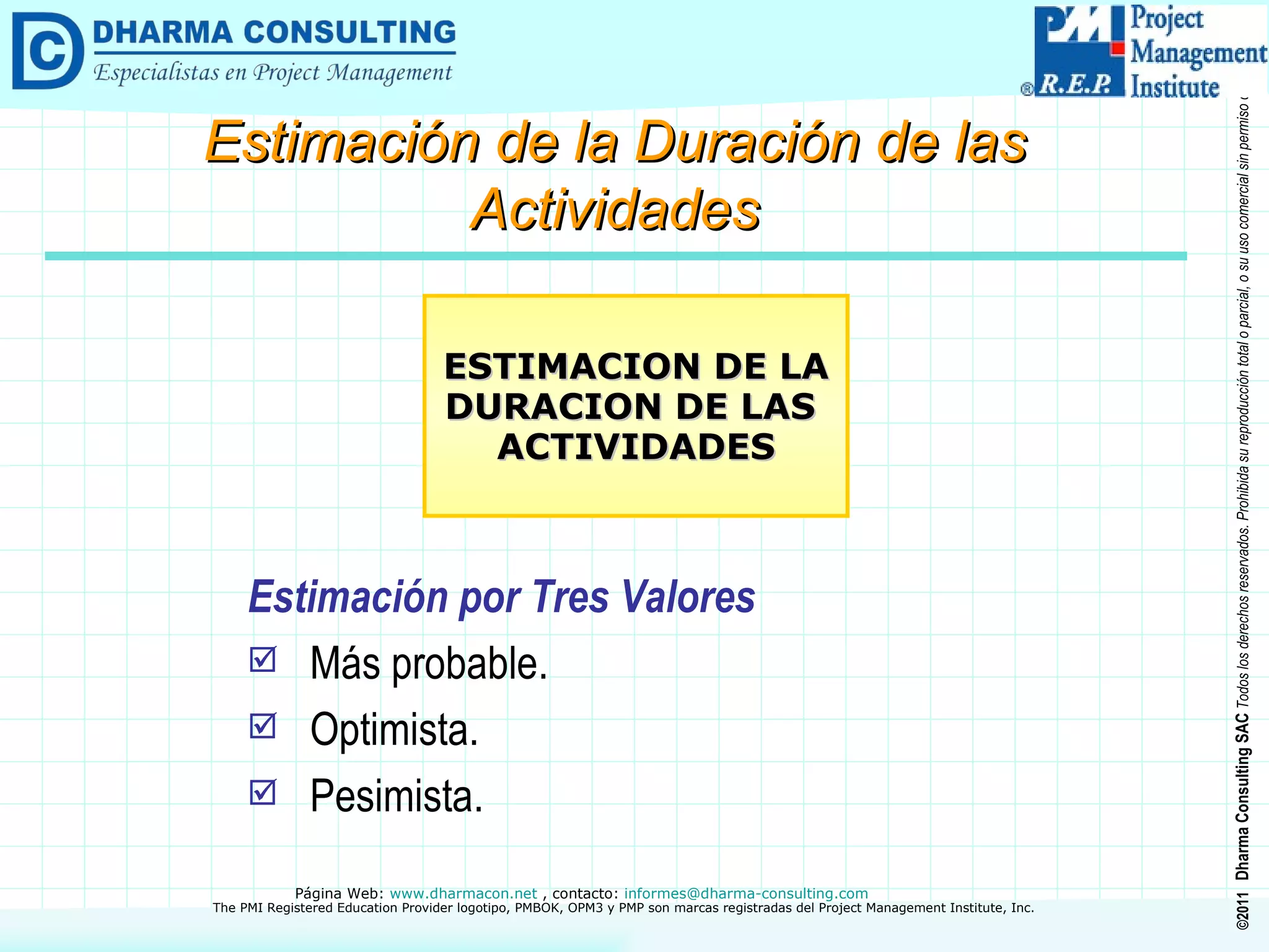 Estimación por Tres Valores Más probable. Optimista. Pesimista. ESTIMACION DE LA DURACION DE LAS  ACTIVIDADES Estimación de la Duración de las Actividades 