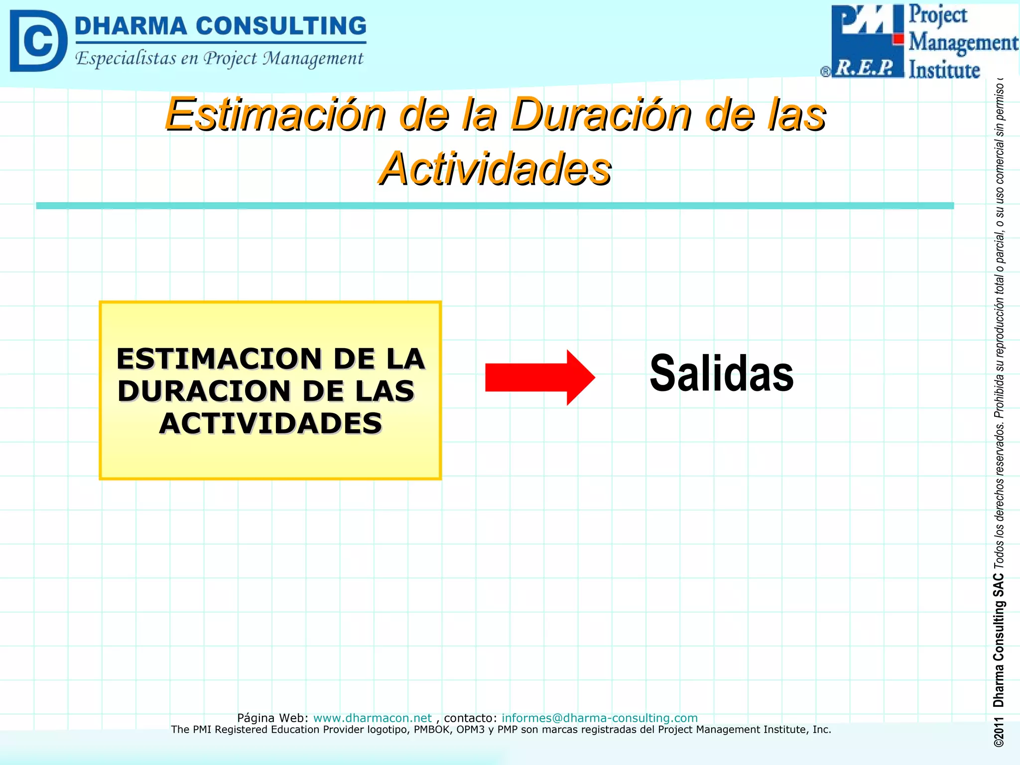 Salidas  ESTIMACION DE LA DURACION DE LAS  ACTIVIDADES Estimación de la Duración de las Actividades 