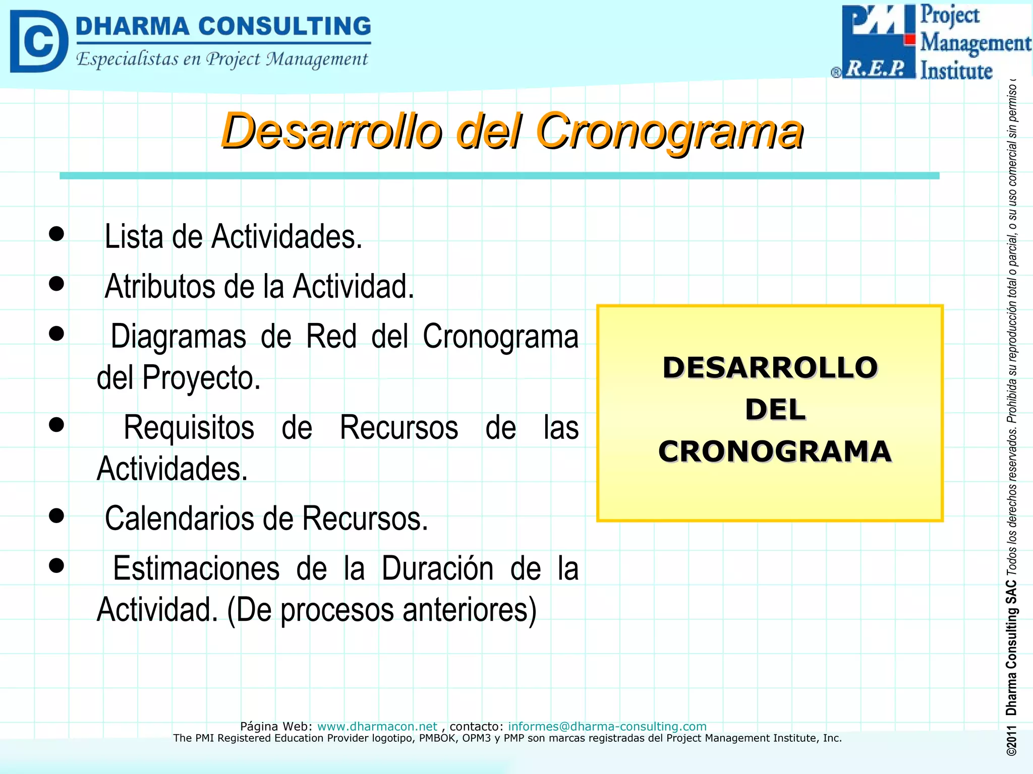 Lista de Actividades. Atributos de la Actividad. Diagramas de Red del Cronograma del Proyecto. Requisitos de Recursos de las Actividades. Calendarios de Recursos. Estimaciones de la Duración de la Actividad. (De procesos anteriores) DESARROLLO DEL CRONOGRAMA Desarrollo del Cronograma 