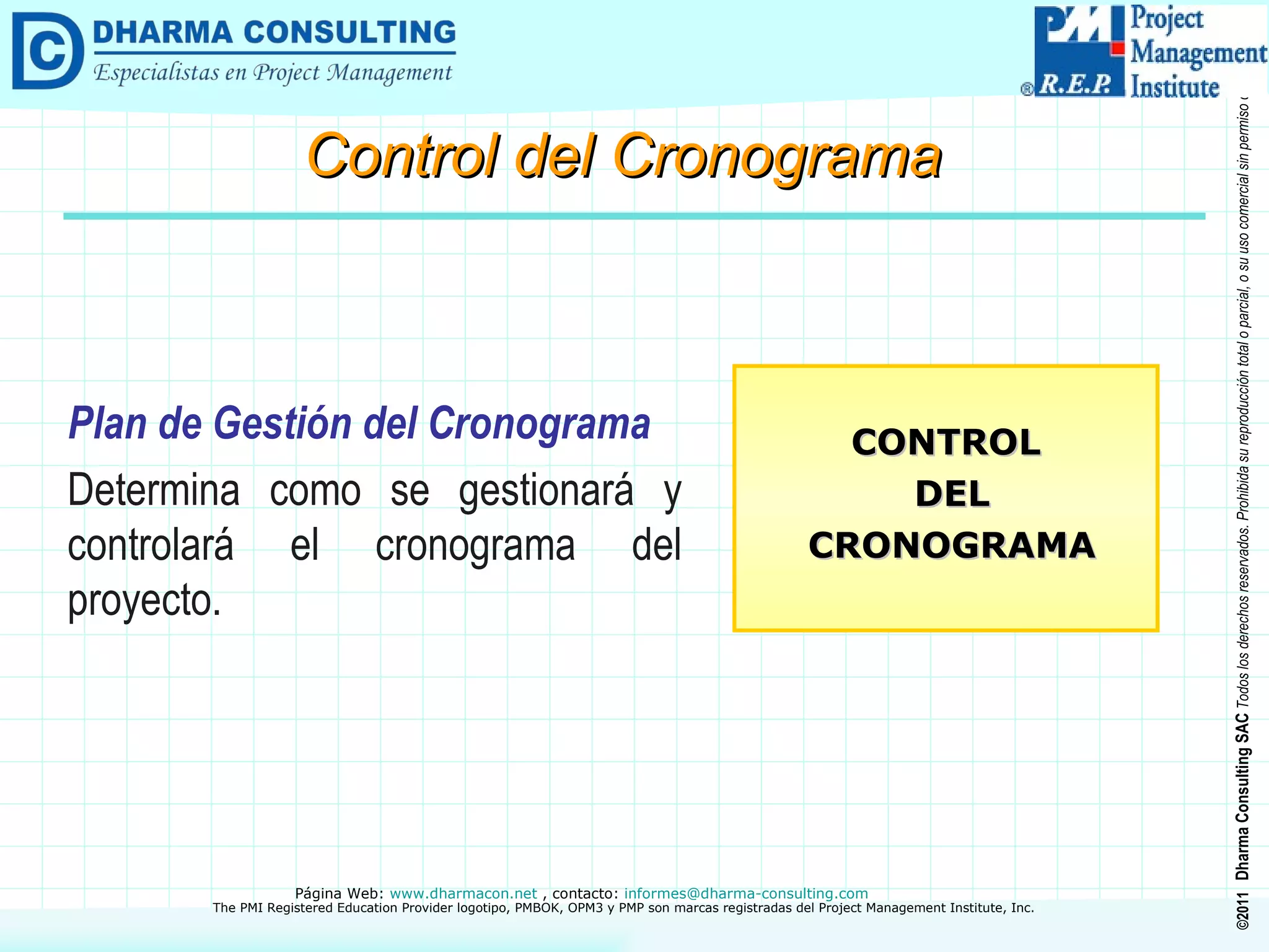 Plan de Gestión del Cronograma Determina como se gestionará y controlará el cronograma del proyecto. CONTROL DEL CRONOGRAMA Control del Cronograma 