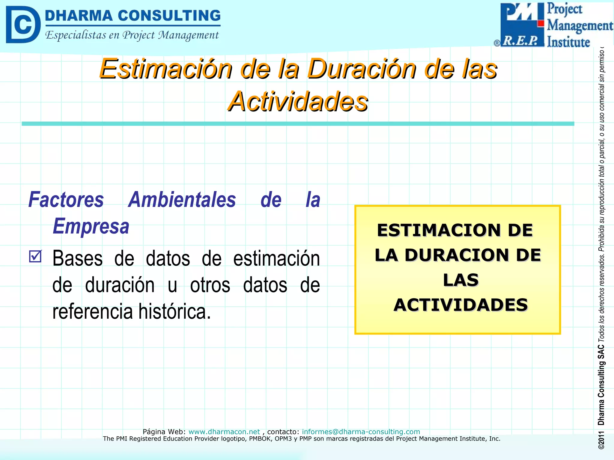 Factores Ambientales de la Empresa Bases de datos de estimación de duración u otros datos de referencia histórica. ESTIMACION DE  LA DURACION DE LAS ACTIVIDADES Estimación de la Duración de las Actividades 