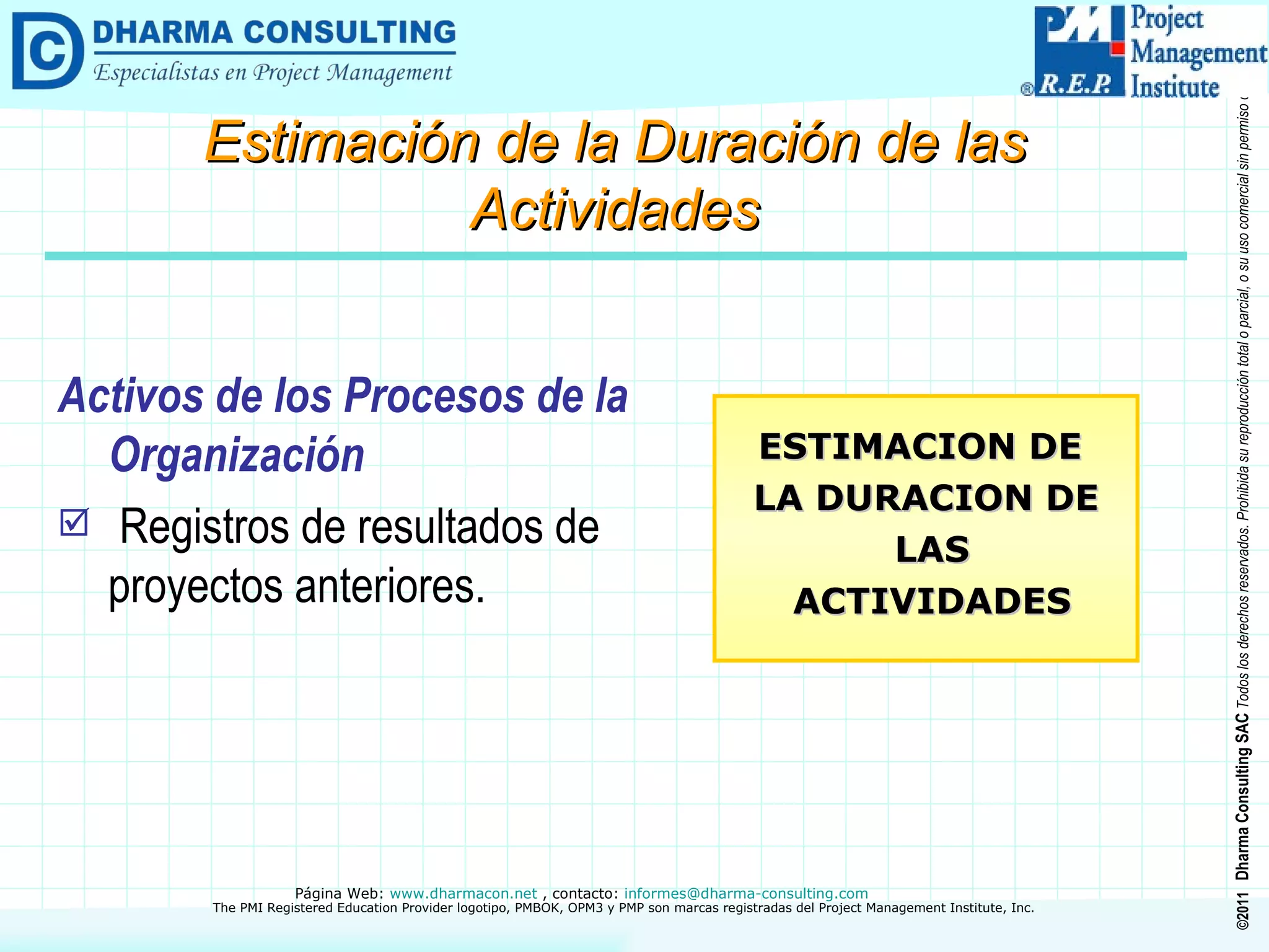 Activos de los Procesos de la Organización Registros de resultados de proyectos anteriores. ESTIMACION DE  LA DURACION DE LAS ACTIVIDADES Estimación de la Duración de las Actividades 