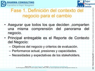 Fase 1. Definición del contexto del negocio para el cambio Asegurar que todos los que deciden ,comparten una misma comprensión del panorama del negocio. Principal entregable es el Reporte de Contexto del Negocio: Objetivos del negocio y criterios de evaluación. Performance actual, presiones y capacidades. Necesidades y expectativas de los stakeholders. 