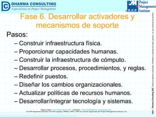 Pasos: Construir infraestructura física. Proporcionar capacidades humanas. Construir la infraestructura de cómputo. Desarrollar procesos, procedimientos, y reglas. Redefinir puestos. Diseñar los cambios organizacionales. Actualizar políticas de recursos humanos. Desarrollar/integrar tecnología y sistemas. Fase 6. Desarrollar activadores y mecanismos de soporte 