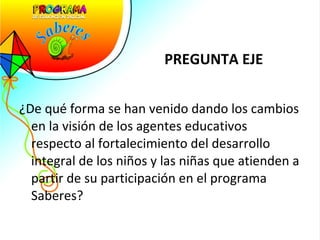 PREGUNTA EJE ¿De qué forma se han venido dando los cambios en la visión de los agentes educativos respecto al fortalecimiento del desarrollo integral de los niños y las niñas que atienden a partir de su participación en el programa Saberes? 