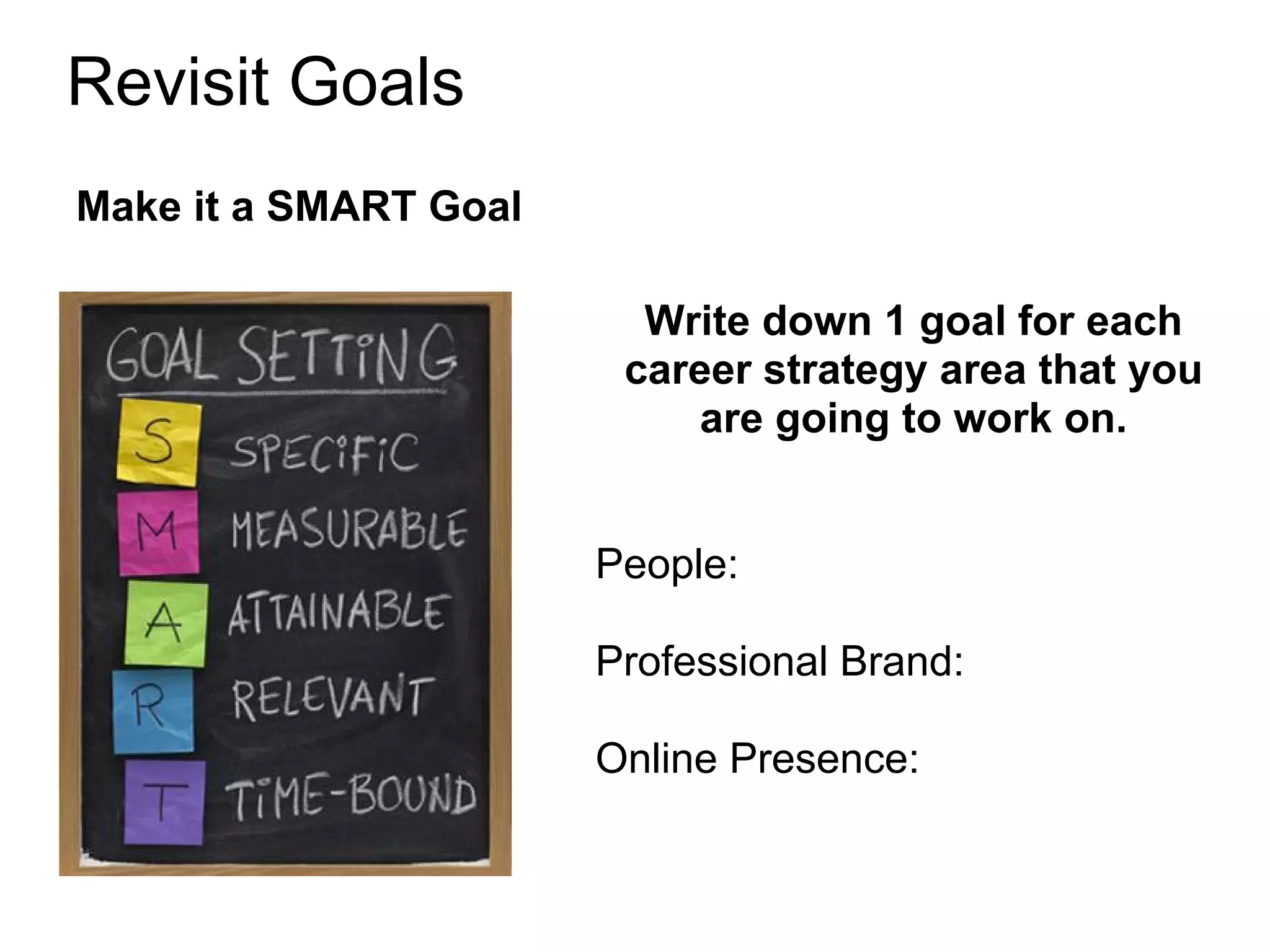 Revisit Goals
Make it a SMART Goal

                         Write down 1 goal for each
                        career strategy area that you
                            are going to work on.


                       People:

                       Professional Brand:

                       Online Presence:
 